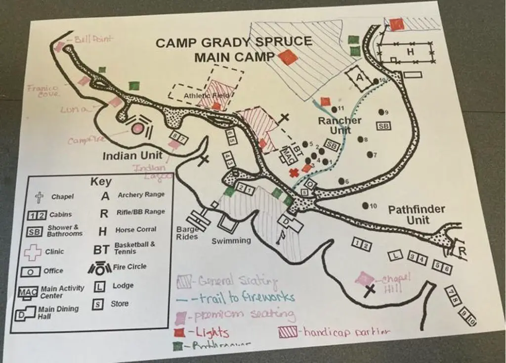 Map of Camp Grady Spruce fireworks viewing area